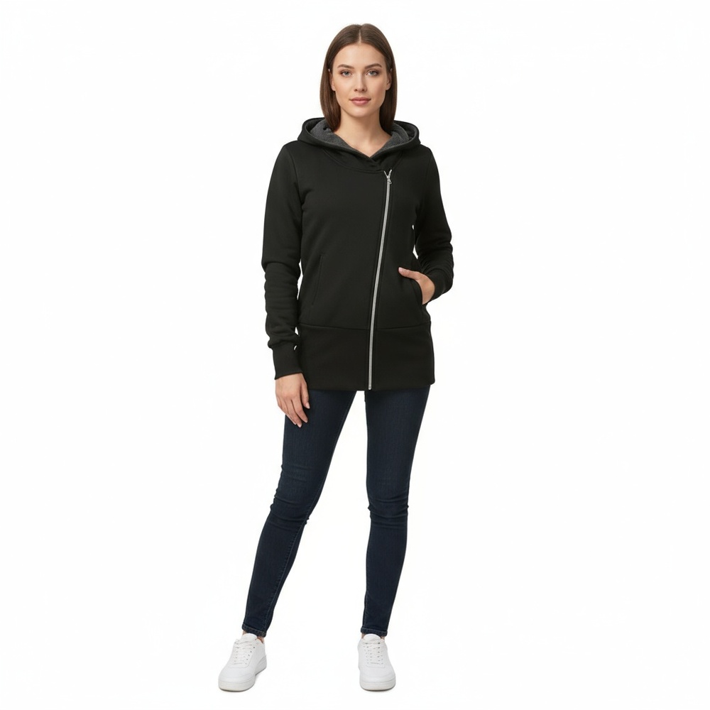 DJT Hoodie Fashion Waist Jacket Womens Black Double Zipper Casual Sporty Size L